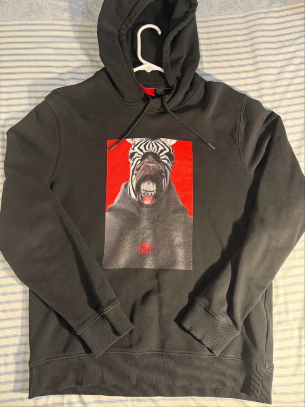 HUGO Black Hoodie with Red Graphic Zebra Print Small - Relaxed Fit (fits medium)